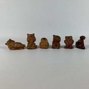 Vintage Miniature Brown Animal Figure Set of 6 Cottagecore Folk Art Owl Bear Dog